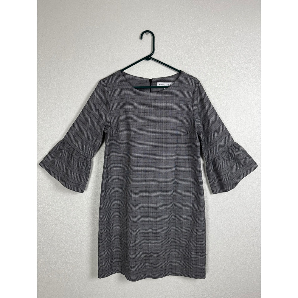 Emma & Michele Dress Womens 8 Gray Glen Plaid Bell Sleeve Ruffle Shift 101437